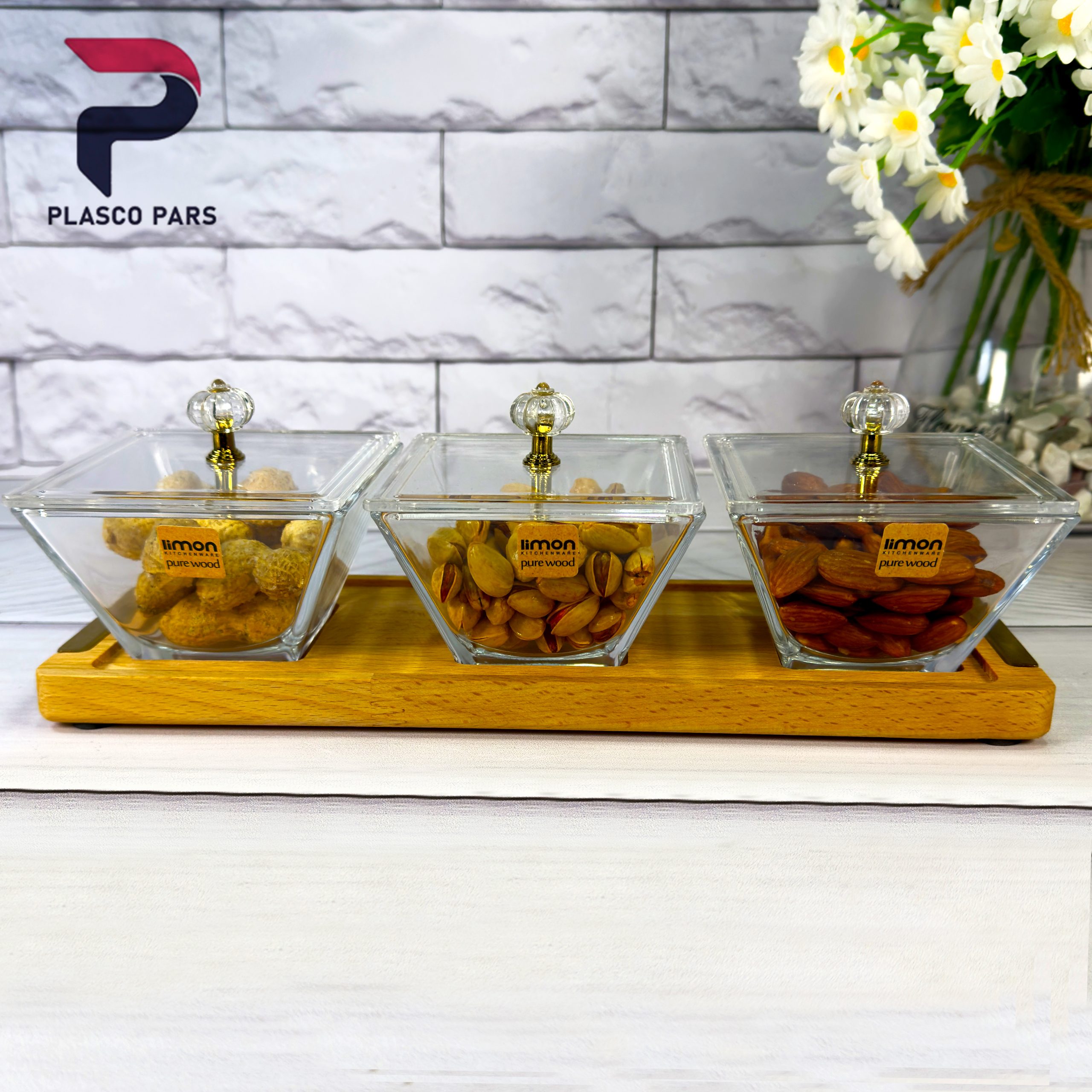 4 اردو خوری مربع 3 خانه پایه چوبی لیمون - Image 1