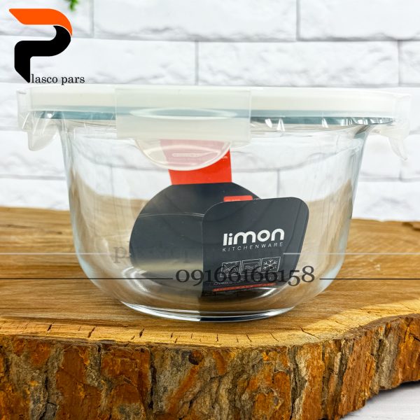 ظرف شیشه ای گرد (کاسه) درب دار 1.2 لیمون