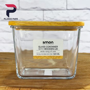 ظرف شیشه ای 920میل درب چوبی لیمون
