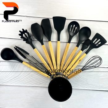 ست کفگیر ملاقه سیلیکونی دسته چوب 12 پارچه