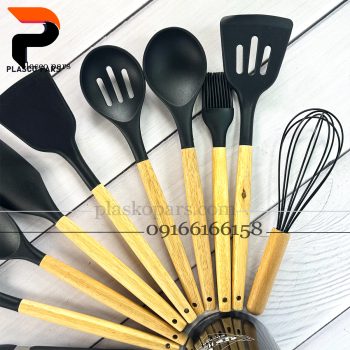 ست کفگیر ملاقه سیلیکونی دسته چوب 12 پارچه - Image 8