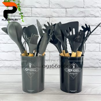 ست کفگیر ملاقه سیلیکونی دسته چوب 12 پارچه - Image 2