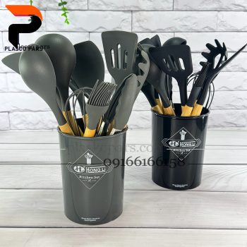 ست کفگیر ملاقه سیلیکونی دسته چوب 12 پارچه - Image 5