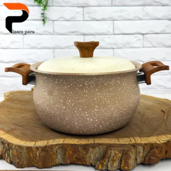 قابلمه 16 دسته چوبی گرانیتی نسکافه ای کرم هاناتک