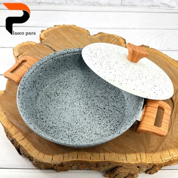 تابه 24 دودسته دسته چوبی گرانیتی طوسی سفید هاناتک - Image 5