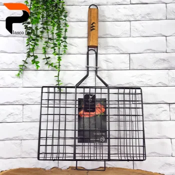 توری کباب مربع فلزی مشکی دسته چوبی WS-X22