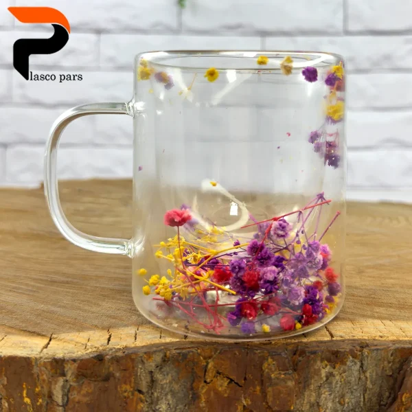 لیوان پیرکس دوجداره گلدار 350 میل