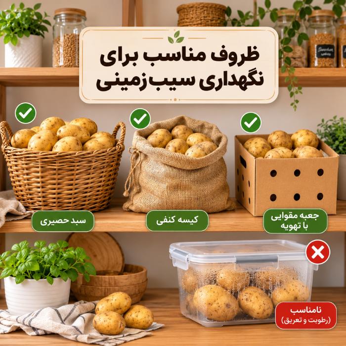 بهترین مکان برای سیب زمینی؛ یخچال یا کابینت؟ بررسی تخصصی 4 ظروف مناسب برای نگهداری سیب زمینی