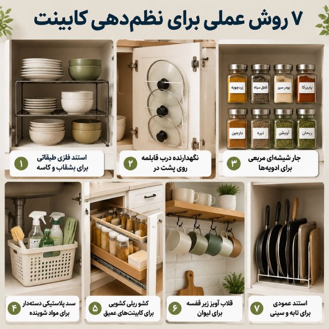 نظم دادن به کابینت: (۷ ایده عملی نظم دادن به کابینت) 2 ۷ روش عملی برای نظمدهی به کابینتهای کوچک